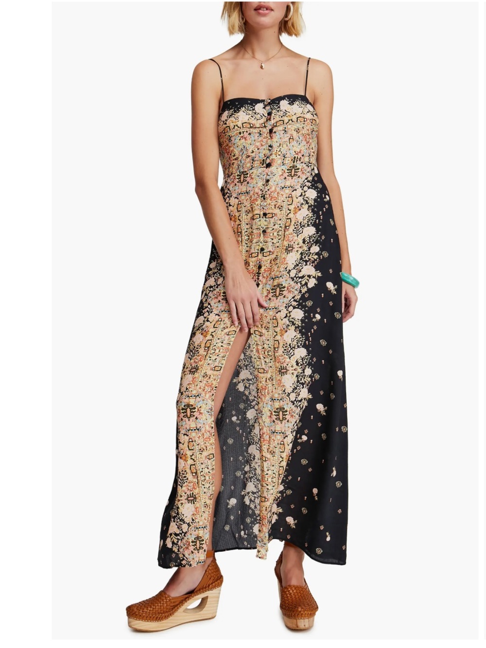 Free People Black and Peach Floral Border Print Maxi Dress